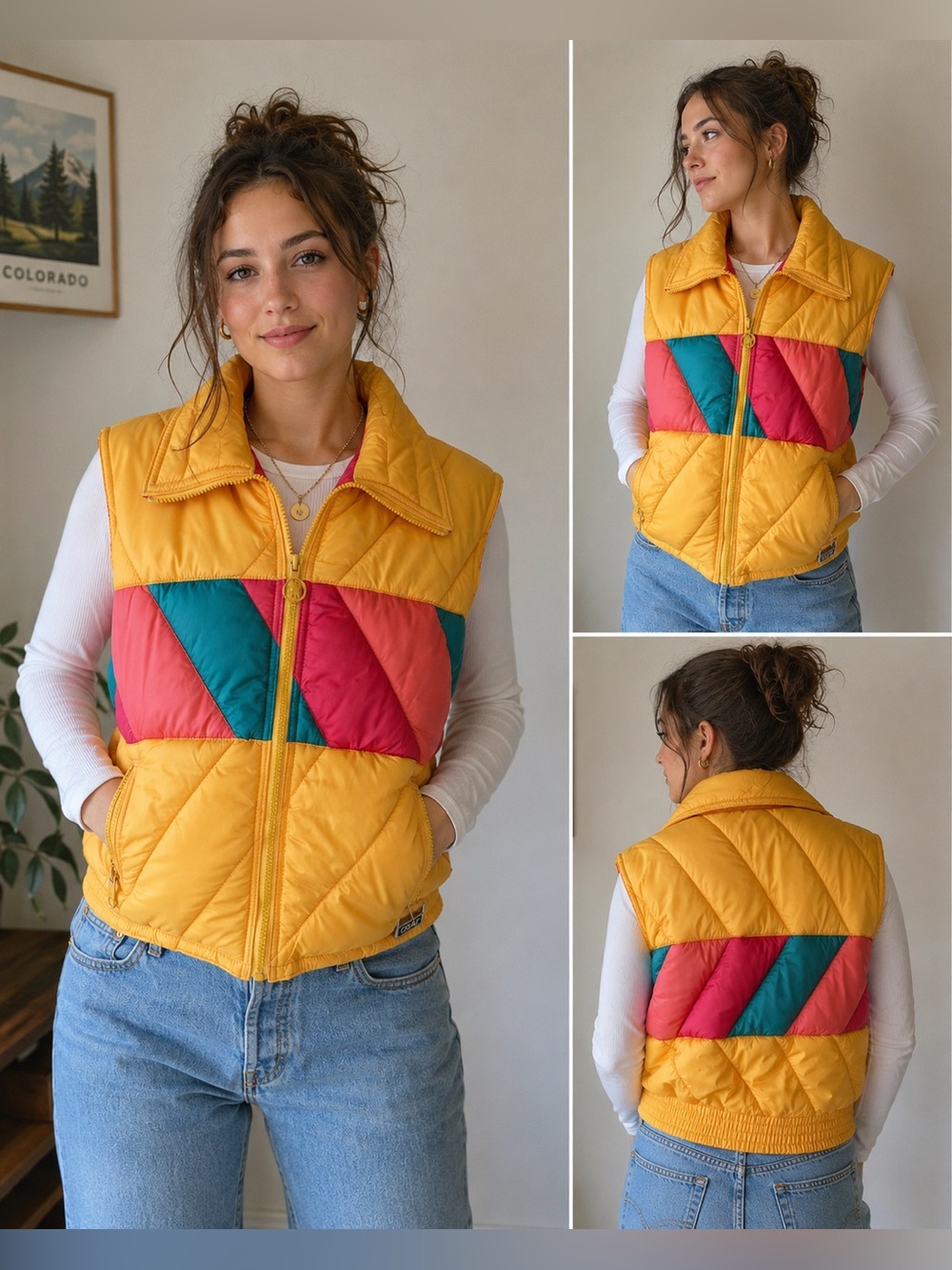 Vintage Mountain Goat White Stag Colorblock Puffer Vest Youth XL Womens S